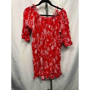 H&M Red White Floral Off Shoulder Square Neck Puff Cold Shoulder Dress Womens 16